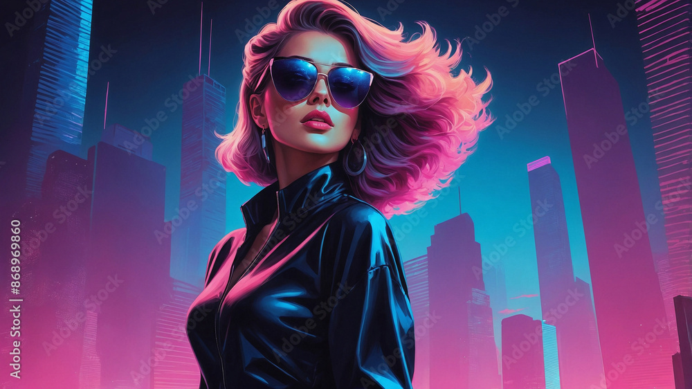 A woman in a black jacket and sunglasses stands in front of a city skyline A woman in a black jacket and sunglasses stands in front of a city skyline