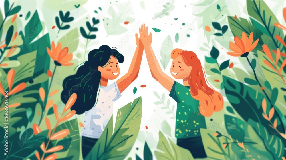 Cartoon of Pair of young eco-advocates high-fiving each other, celebrating a successful environmental campaign.
