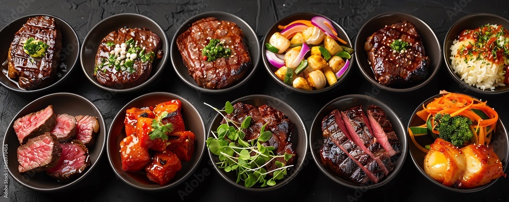 Assortment of delicious dishes in black bowls, perfect for a variety of tastes. Assortment of delicious dishes in black bowls, perfect for a variety of tastes.