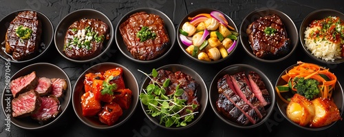 Assortment of delicious dishes in black bowls, perfect for a variety of tastes.
