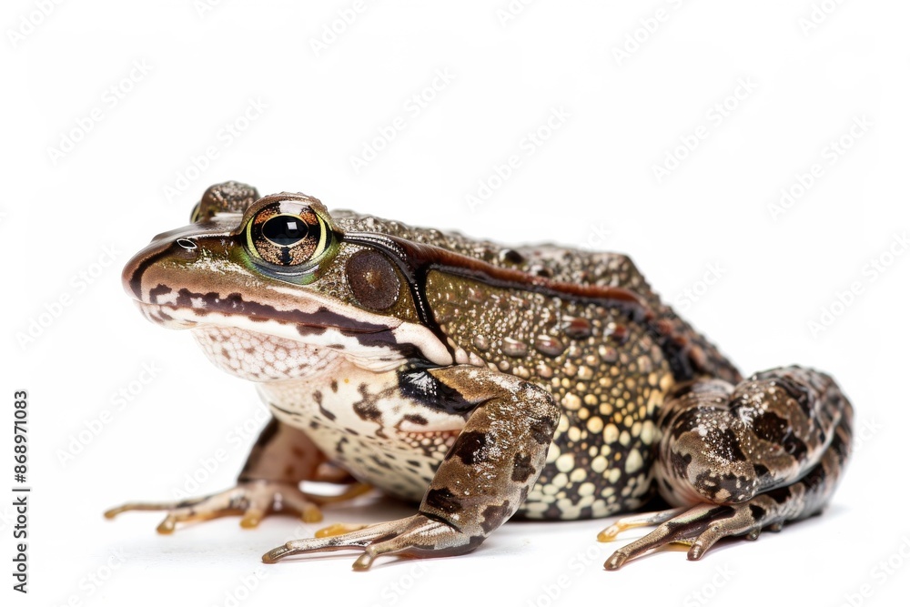 the beside view African Clawed Frog, left side view, white copy space on right, dutch angle view, isolated on white background the beside view African Clawed Frog, left side view, white copy space on right, dutch angle view, isolated on white background