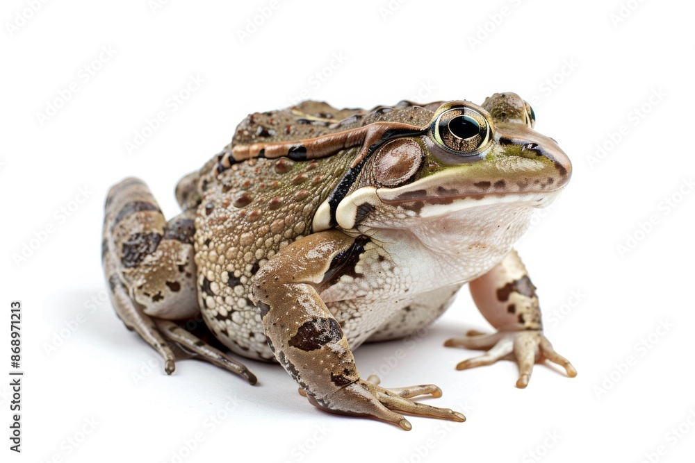 the beside view African Clawed Frog, left side view, white copy space on right, dutch angle view, isolated on white background the beside view African Clawed Frog, left side view, white copy space on right, dutch angle view, isolated on white background