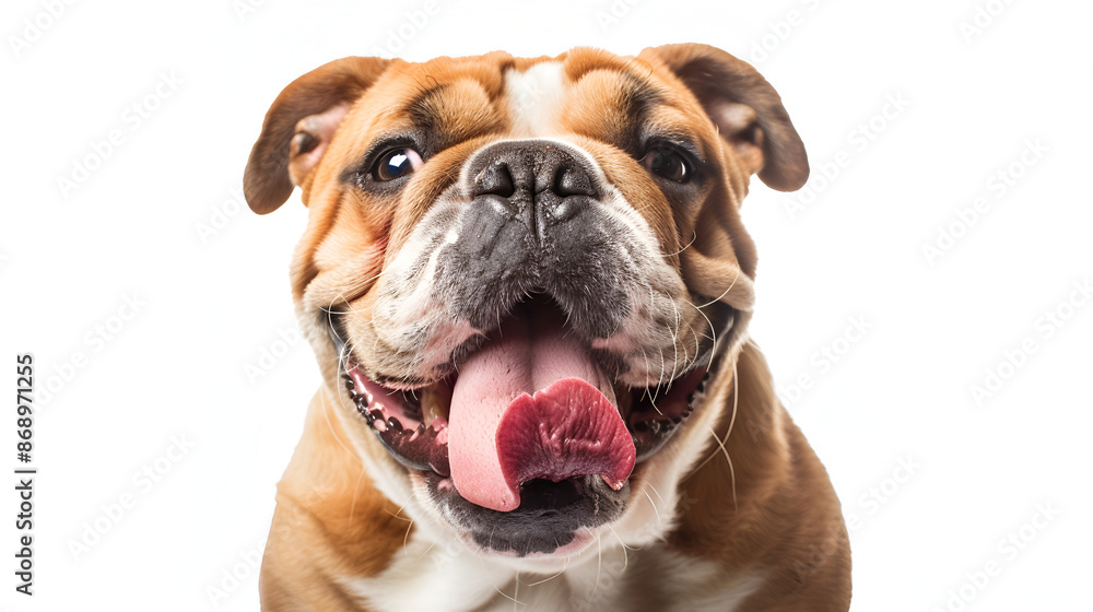 English Bulldog, Female standing against White Background,Funny photo of Bulldog breed dog sticking tongue out,adorable lying brown and white english bulldog with tongue exposed looks to side
English Bulldog, Female standing against White Background,Funny photo of Bulldog breed dog sticking tongue out,adorable lying brown and white english bulldog with tongue exposed looks to side