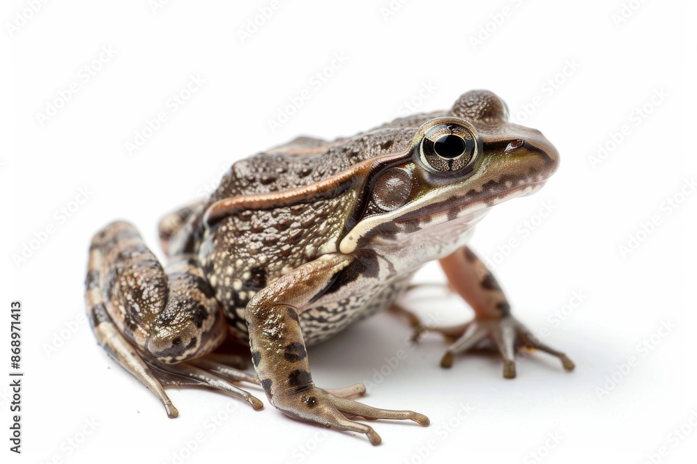 Fototapeta premium the beside view African Clawed Frog, left side view, white copy space on right, isolated on white background
