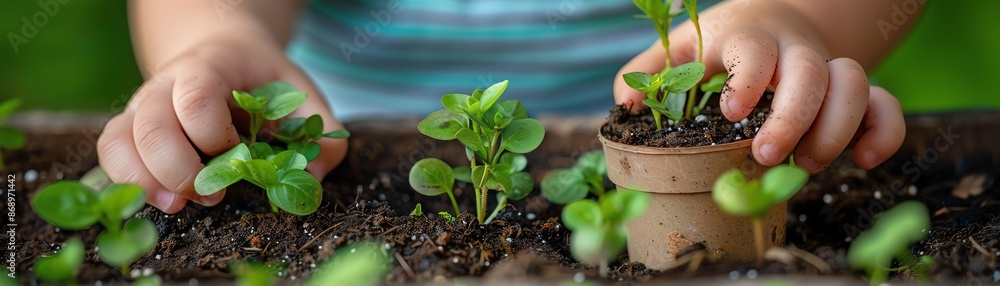 Child's hands planting small green plants in dirt. Child's hands planting small green plants in dirt.