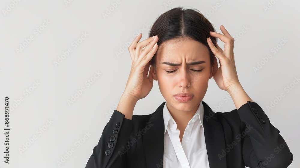 A business woman holding their head in pain, headache, on white background, with white space A business woman holding their head in pain, headache, on white background, with white space