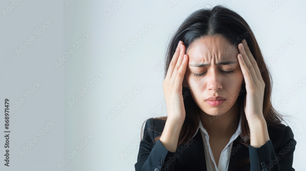A business woman holding their head in pain, headache, on white background, with white space A business woman holding their head in pain, headache, on white background, with white space