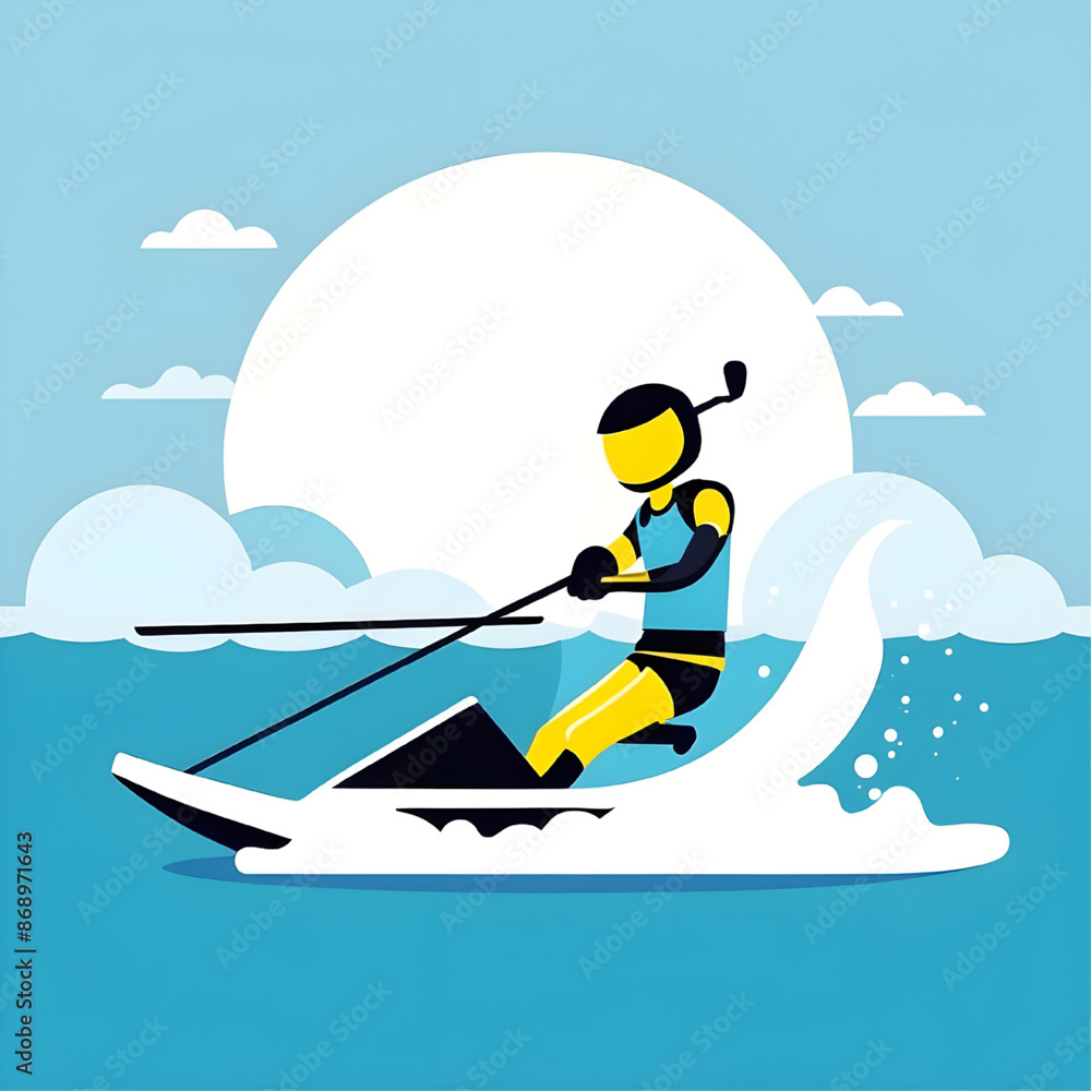 Sunset Waterskiing Silhouette: A stylized illustration of a woman waterskiing against a vibrant sunset, capturing the thrill and grace of this exhilarating water sport. Sunset Waterskiing Silhouette: A stylized illustration of a woman waterskiing against a vibrant sunset, capturing the thrill and grace of this exhilarating water sport.