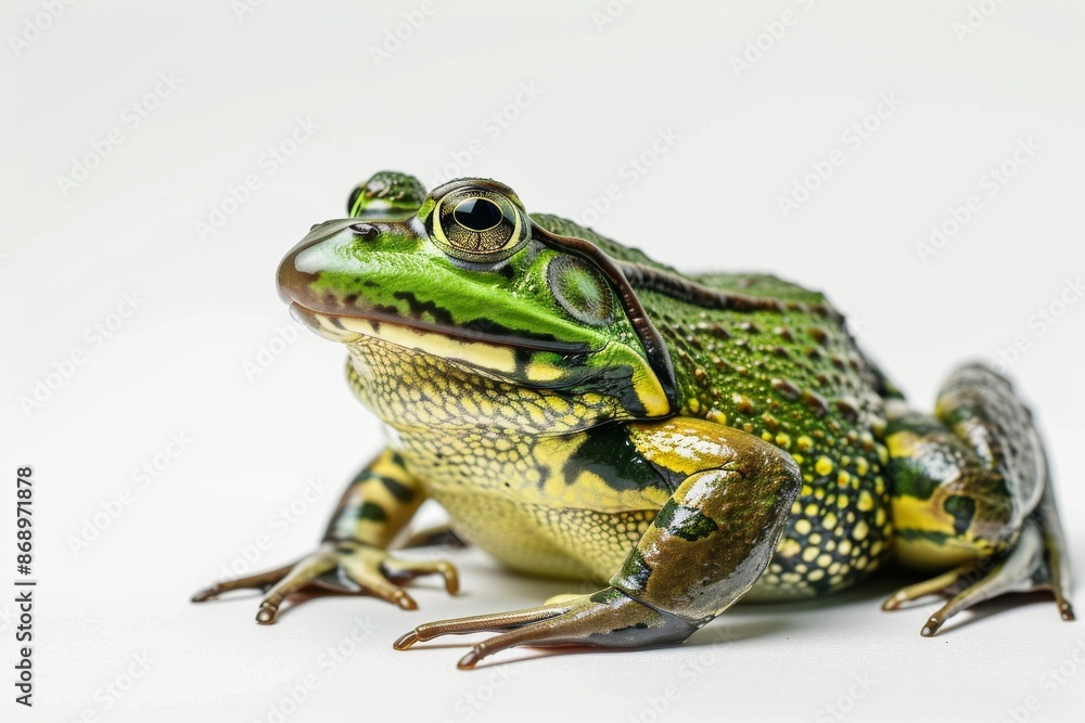 the beside view American Bullfrog, left side view, white copy space on right, isolated on white background the beside view American Bullfrog, left side view, white copy space on right, isolated on white background