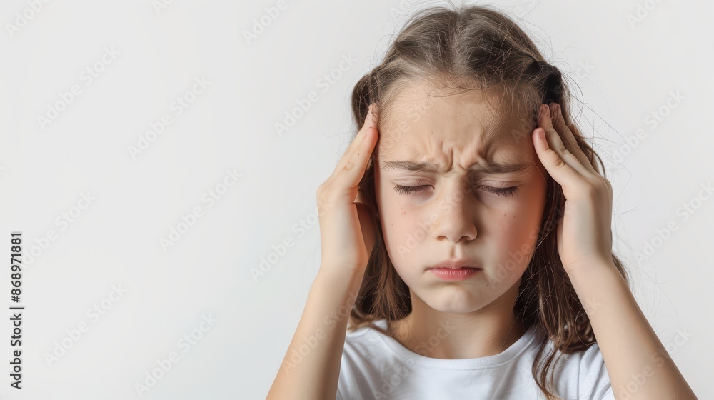 A kid holding their head in pain, headache, on white background, with white space A kid holding their head in pain, headache, on white background, with white space