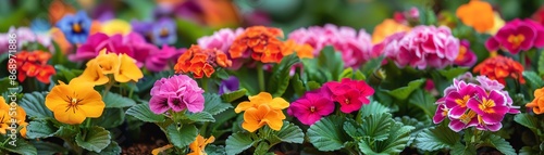 Colorful primrose flowers blooming in a garden.