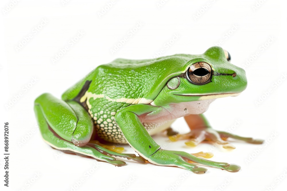 Fototapeta premium the beside view Australian Green Tree Frog, left side view, white copy space on right, isolated on white background