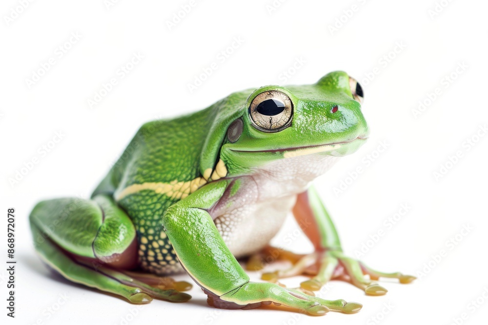 the beside view Australian Green Tree Frog, left side view, white copy space on right, isolated on white background the beside view Australian Green Tree Frog, left side view, white copy space on right, isolated on white background