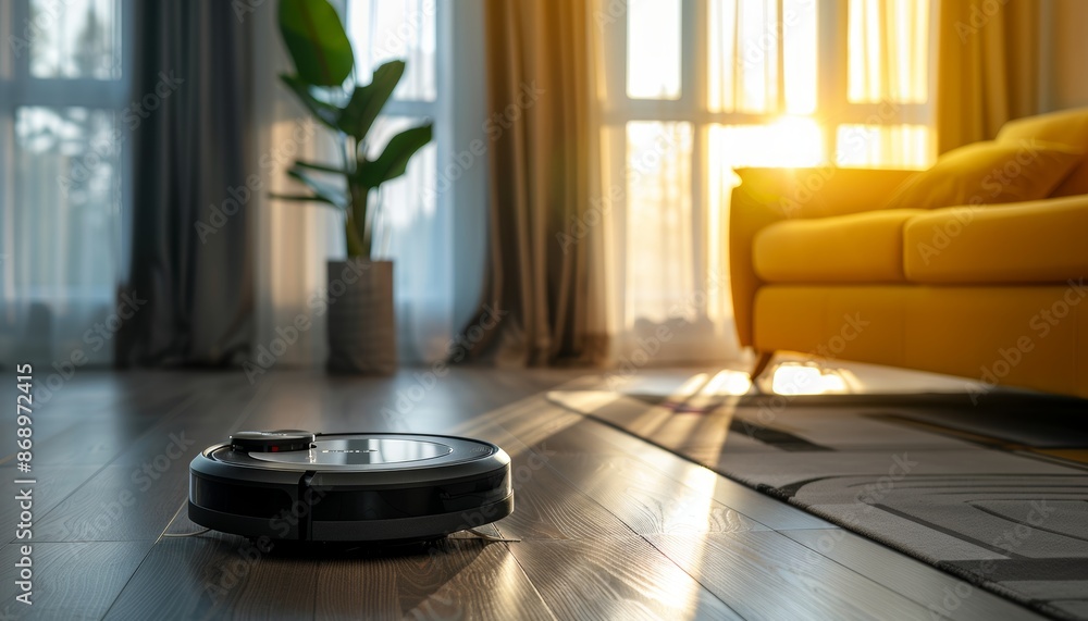 Fototapeta premium Detailed close up of a robotic vacuum cleaner efficiently cleaning the floor surface