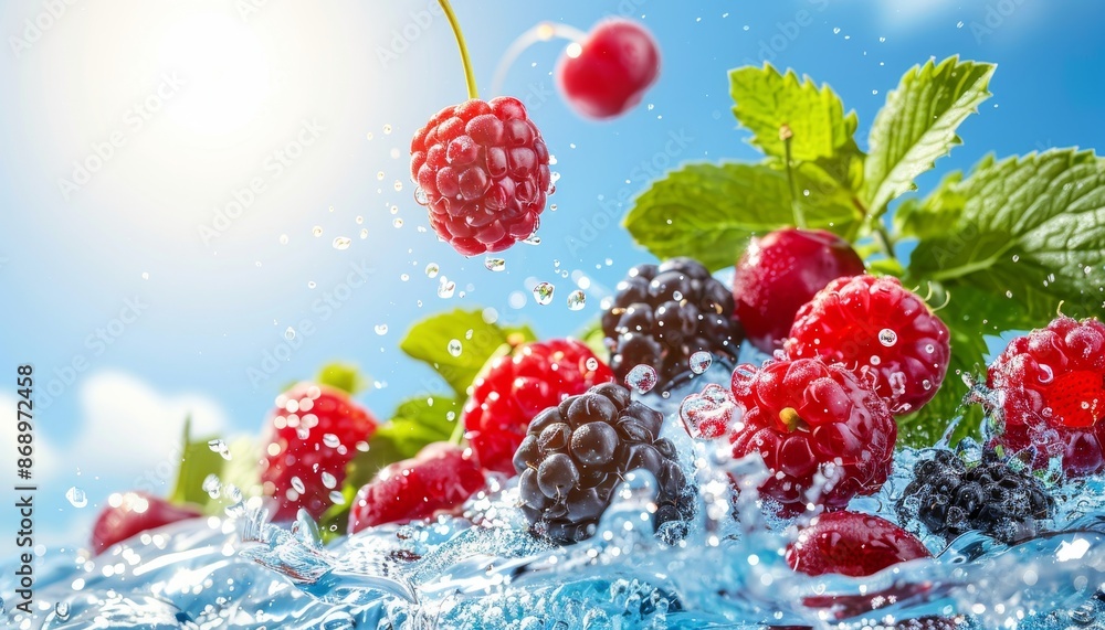 Fresh berries and cherries in motion with water splashes and sunlight close up with warm tones Fresh berries and cherries in motion with water splashes and sunlight close up with warm tones