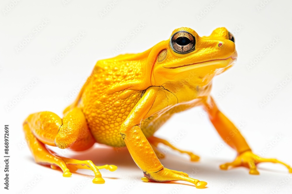the beside view Panamanian Golden Frog, left side view, white copy space on right, isolated on white background the beside view Panamanian Golden Frog, left side view, white copy space on right, isolated on white background