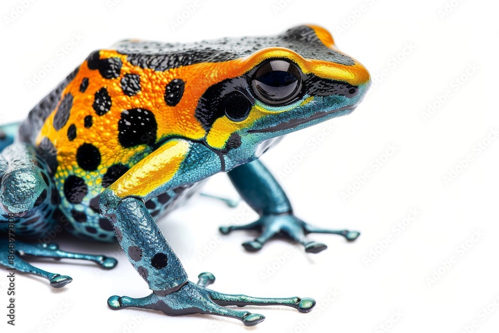 Obraz premium the beside view Poison Dart Frog, left side view, white copy space on right, isolated on white background