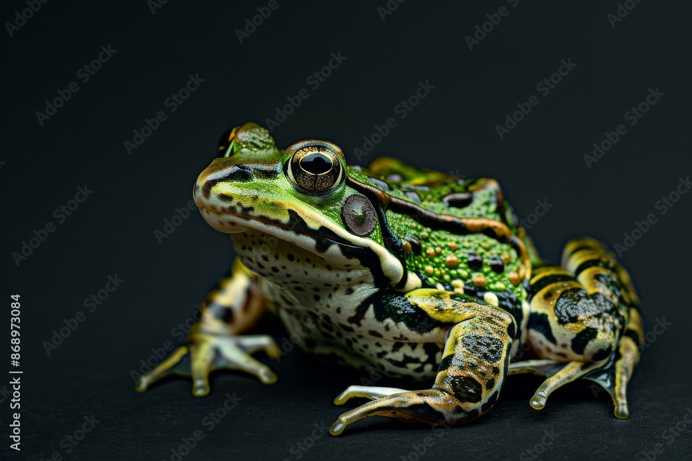 the beside viewNorthern Leopard Frog, left side view, white copy space on right, isolated on black background the beside viewNorthern Leopard Frog, left side view, white copy space on right, isolated on black background