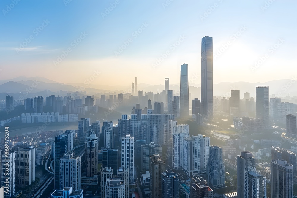 Fototapeta premium Sunrise Over a City Skyline with Hazy Mountains