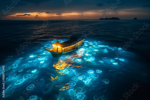 Speedboat sailing on the glowing sea at night