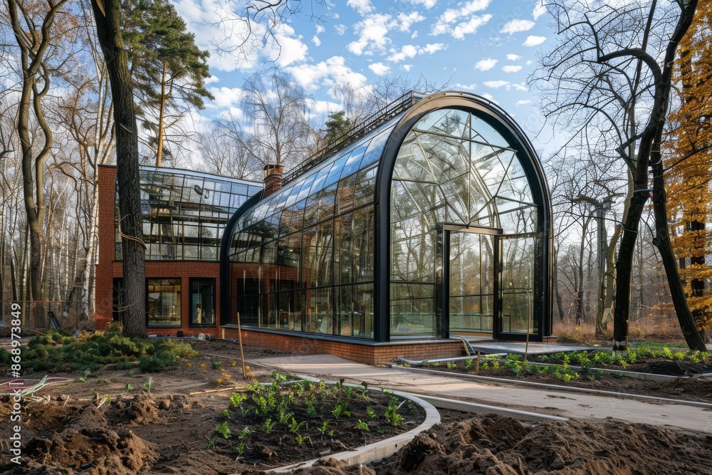 Fototapeta premium Modern greenhouse in a serene forest setting with large glass structure and brick base