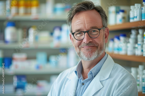 A handsome male doctor standing in front of the pharmacy counter, with his arms crossed and smiling at the camera, wearing glasses and a white lab coat, surrounded by shelves filled with medical suppl