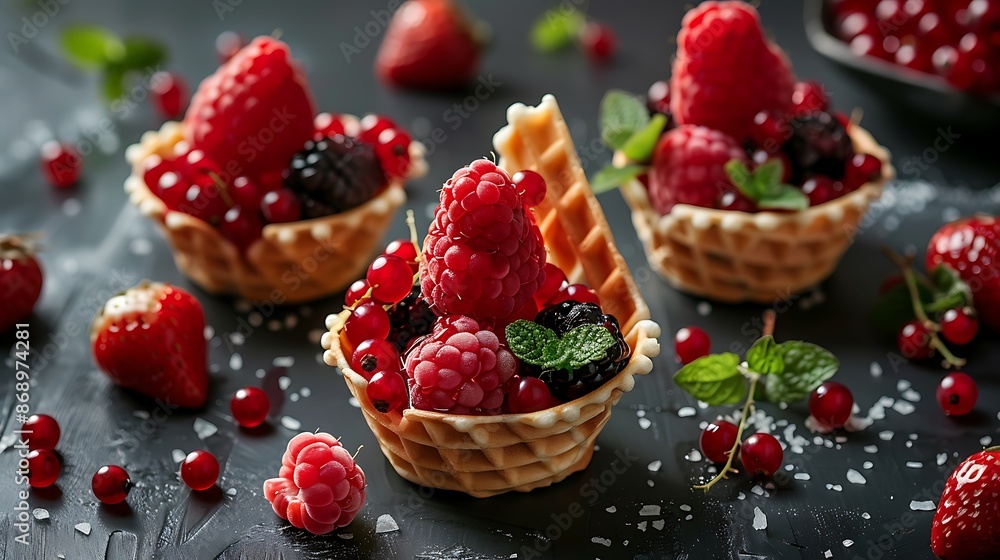 Sweet red berries in waffles as a symbol of ice cream on a dark table very detailed and realistic shape Sweet red berries in waffles as a symbol of ice cream on a dark table very detailed and realistic shape