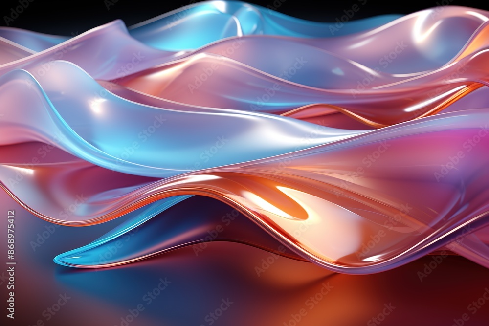 A colorful, glossy glass ribbon with a holographic, curved wave design that appears to be in motion. Design element is suitable for banners, backgrounds, and wallpapers. AI generated A colorful, glossy glass ribbon with a holographic, curved wave design that appears to be in motion. Design element is suitable for banners, backgrounds, and wallpapers. AI generated