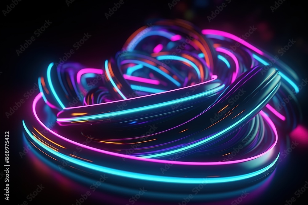 Abstract neon background with flashing, glowing cables and moving lines. AI generated Abstract neon background with flashing, glowing cables and moving lines. AI generated