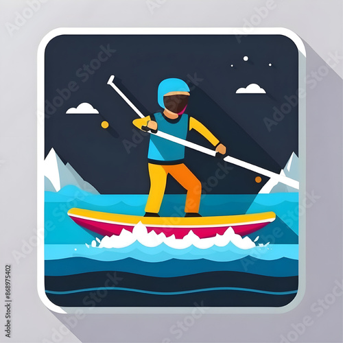 Paddle Boarding Adventures:  A stylized illustration of a paddle boarder navigating icy waters, capturing the spirit of adventure and the allure of outdoor sports. 