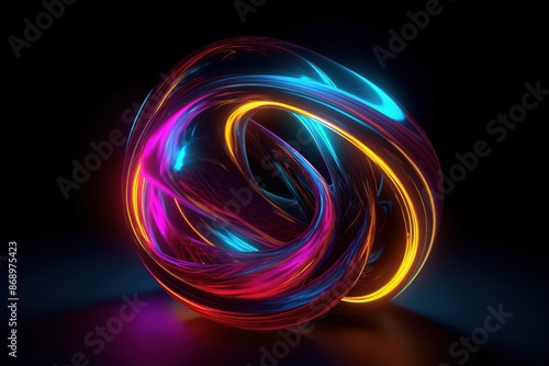 Abstract neon background with flashing, glowing cables and moving lines. AI generated