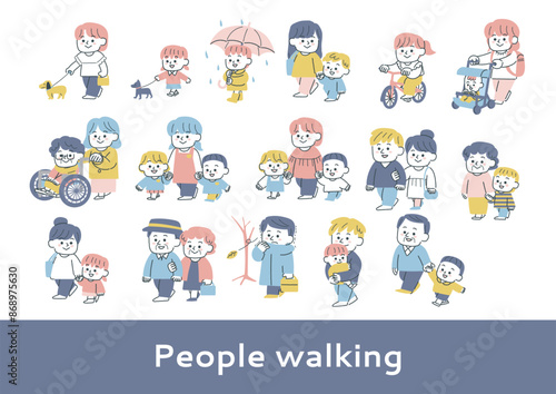 外を歩いている人々のイラストセット