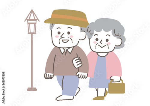 腕を組んで歩くシニア夫婦のイラスト