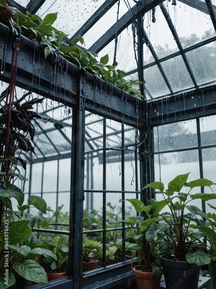 Green Plants Inside A Greenhouse With Rain Falling On The Roof.