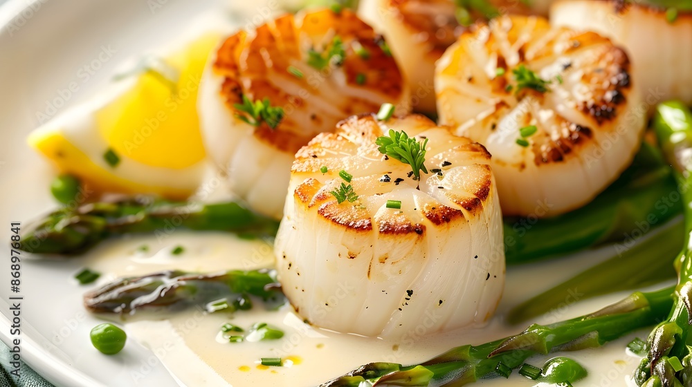 Close-up of Pan-Seared Scallops with Creamy Sauce, Asparagus, and Lemon Close-up of Pan-Seared Scallops with Creamy Sauce, Asparagus, and Lemon