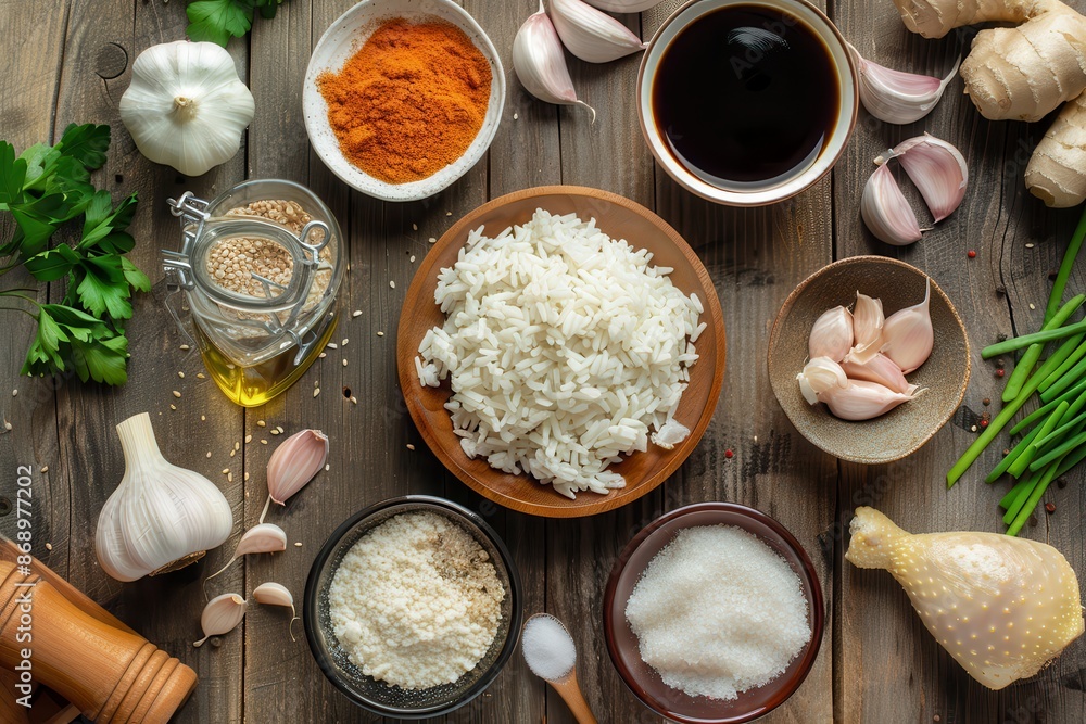 A bowl of rice with three pieces of chicken and some spices A bowl of rice with three pieces of chicken and some spices