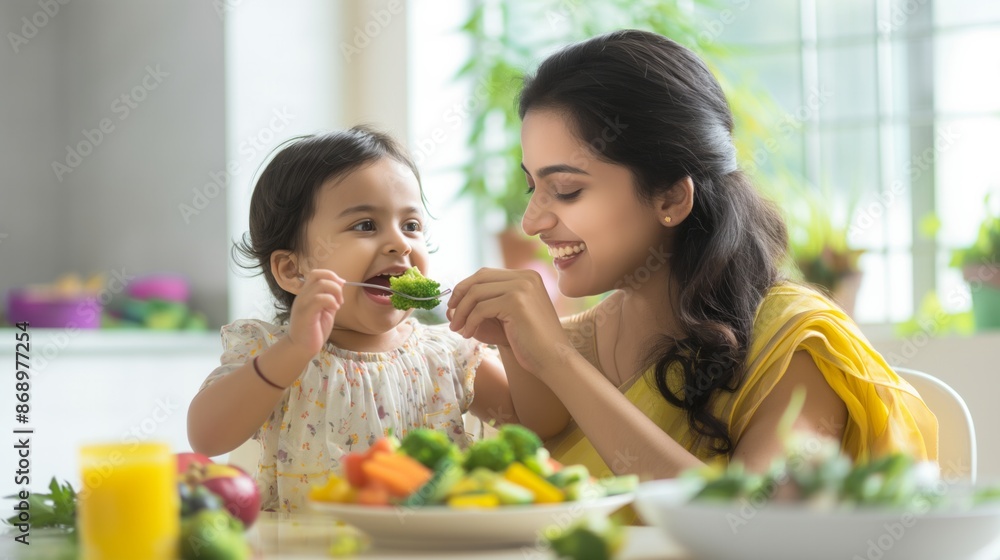 Indian mother and baby girl sitting at the dining table and eating healthy vegetables. Mother feeds the child Indian mother and baby girl sitting at the dining table and eating healthy vegetables. Mother feeds the child