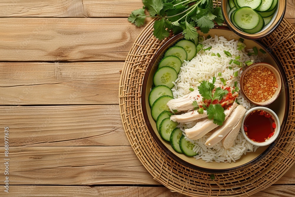 A plate of food with rice, cucumbers, and chicken A plate of food with rice, cucumbers, and chicken