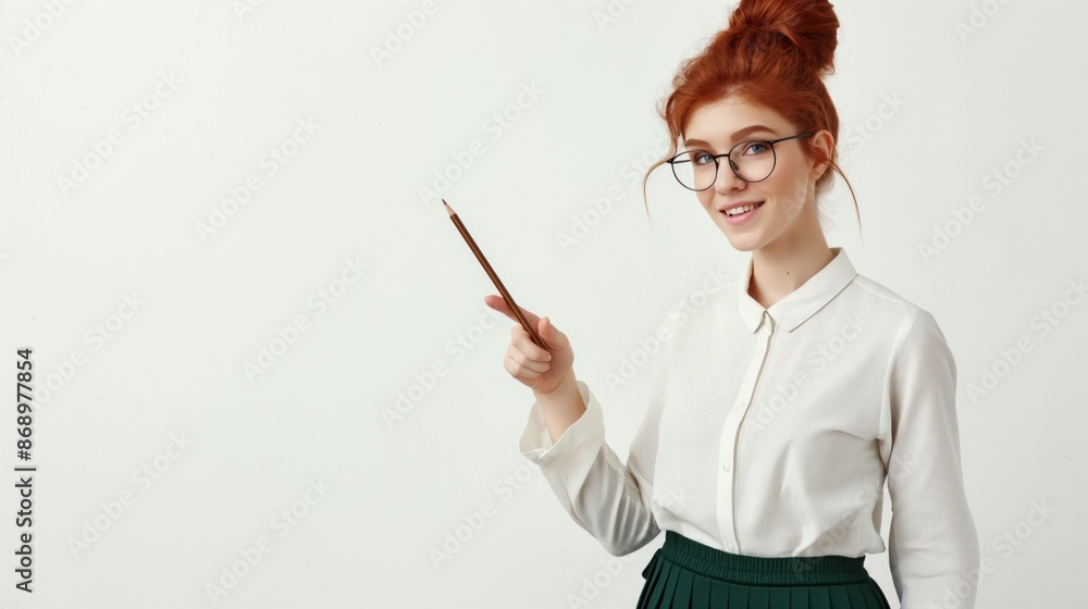 Young woman in white blouse holding stick and smiling while looking at camera near teaching board