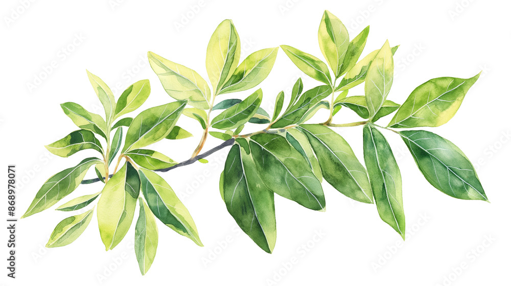 A leafy branch with green leaves isolated on a white background A leafy branch with green leaves isolated on a white background