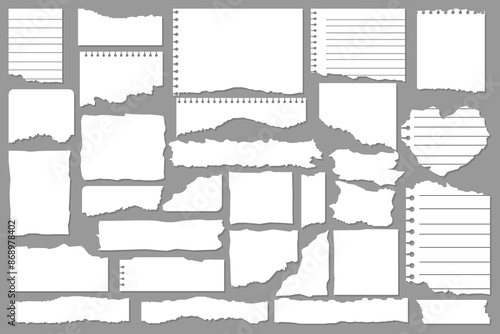 Paper scraps. Ripped papers, torn page pieces and scrapbook note paper piece. Texture page, textured memo sheet or notebook shred. Vector illustration isolated sign set