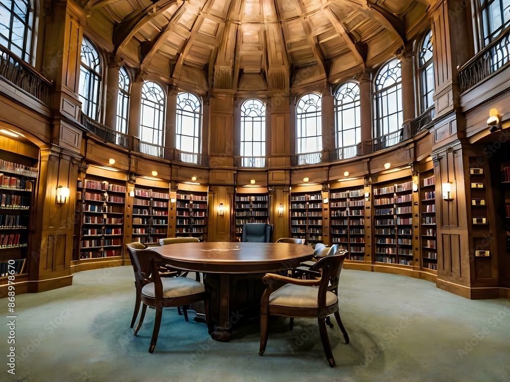 A large and luxurious library with tables and chairs with a large fireplace in the center A large and luxurious library with tables and chairs with a large fireplace in the center