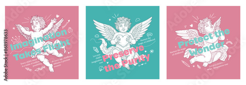 Hand-Drawn Vintage Cherub Line Art, Childhood Imagination Vector Set for Children's Education, Nursery Decor, Cards, Posters, Banners, and Flyer Templates.