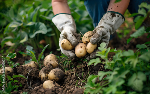 A person wearing gardening gloves is holding up several potatoes that have been pulled from the ground with dirt and roots visible, with green grass visible in the background