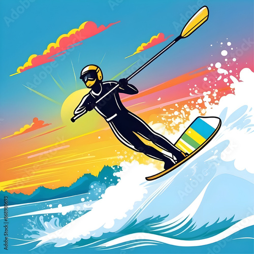 Wakeboarding into the Sunset: A vibrant illustration of a wakeboarder carving through a wave, silhouetted against a colorful sunset. 