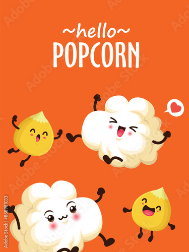 Vintage food poster design with popcorn character.