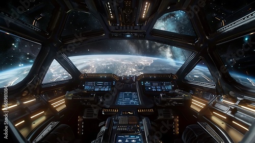 The cockpit of a spaceship crossing the interstellar space and flying in the space very detailed and realistic shape
