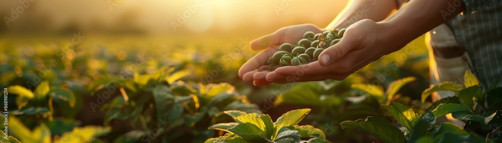 Hands holding fresh green tea leaves in a field. Hands holding fresh green tea leaves in a field.