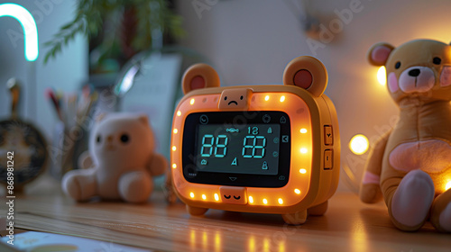 Close up of cute glowing alarm clock on bedside table