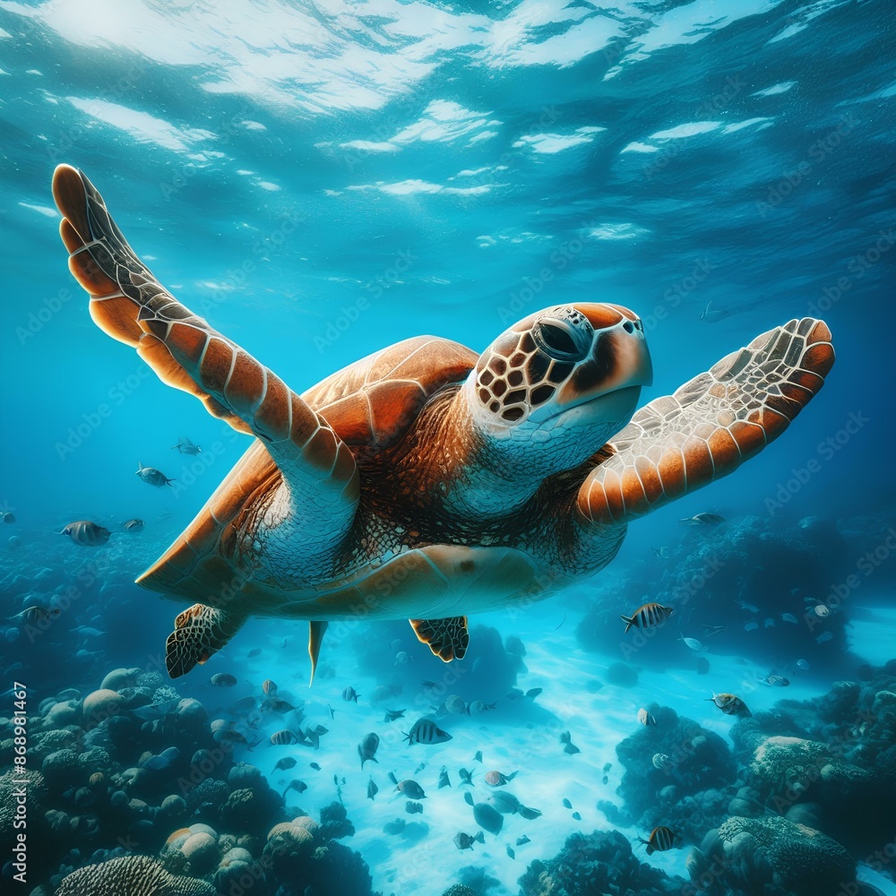 Obraz premium Turtle cruising clean blue sea.